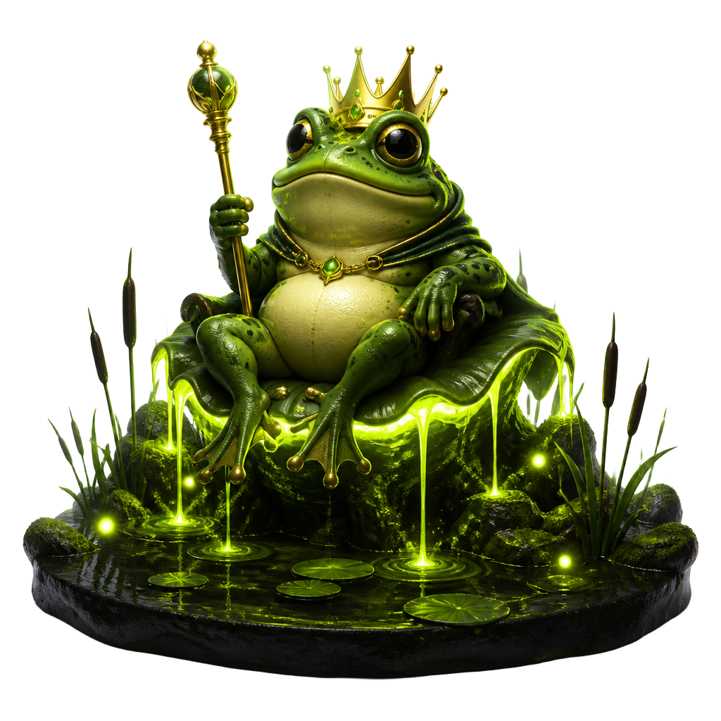 Crowned frog on a glowing lily pad throne